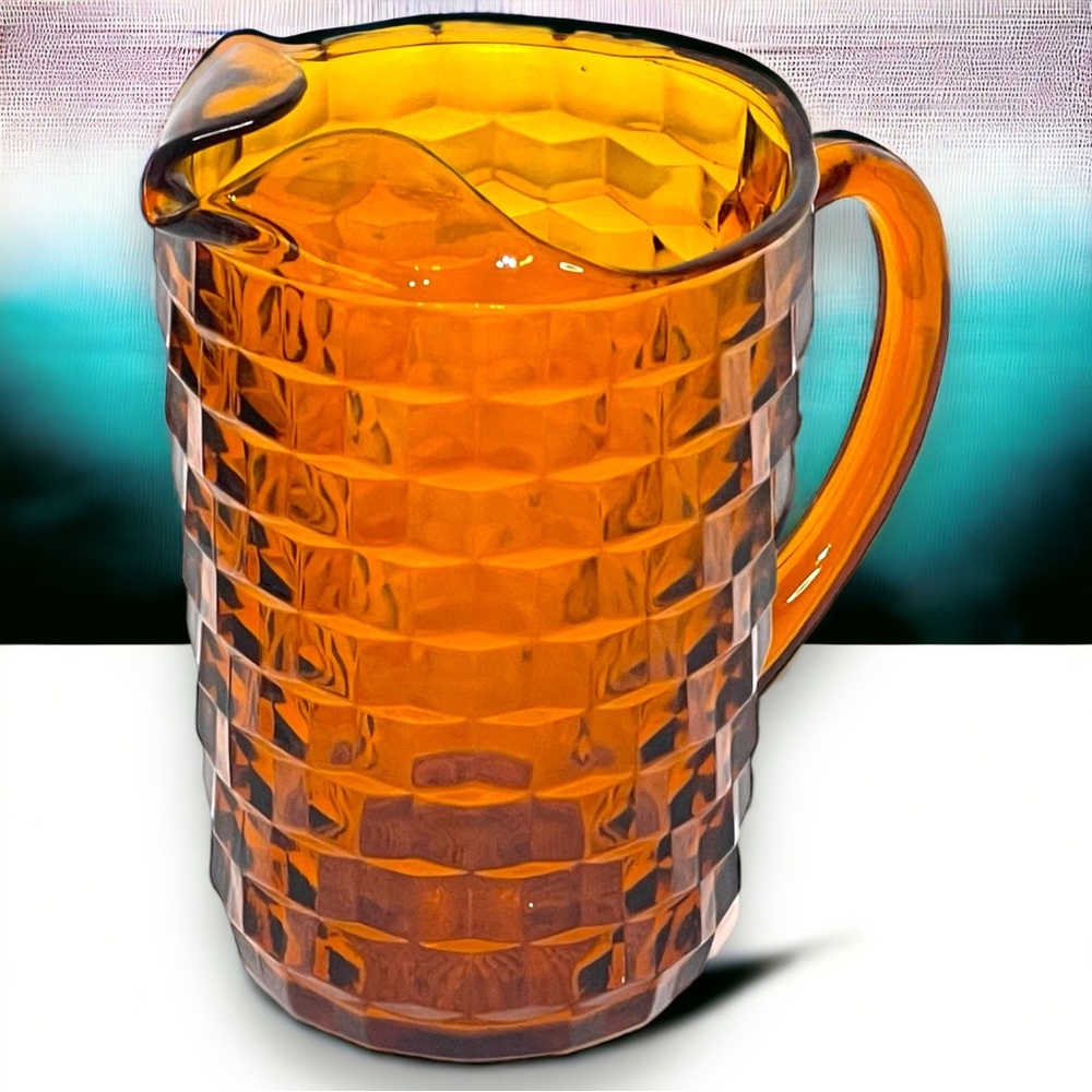 Vintage Indiana Amber Cut Glass Diamond Point Pitcher Glass Orange Bar Decor